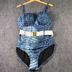 GabiFresh Swimsuit for all Women 16 G/H Blue Crocodile Print Belted 1 Piece NWT